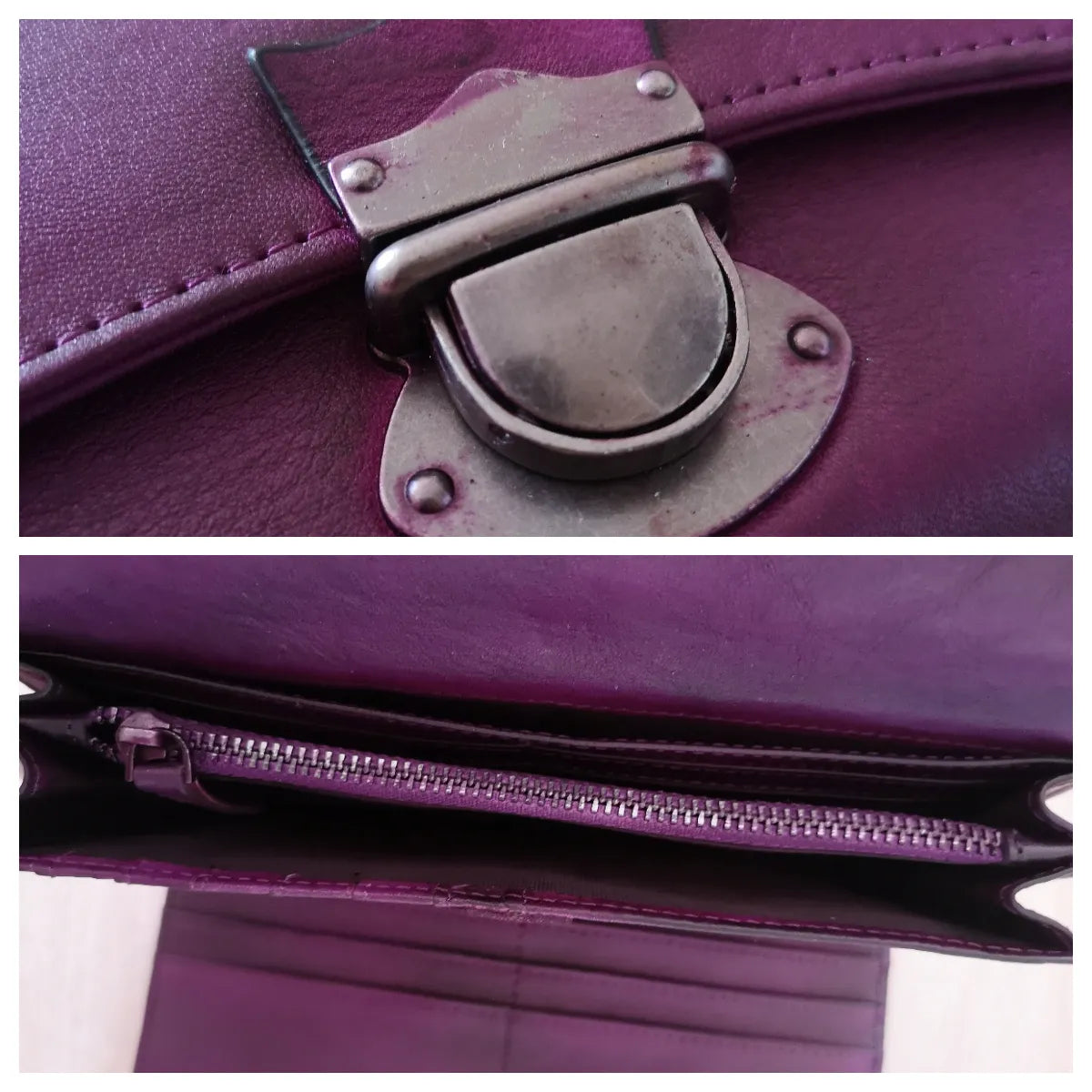 Close-up of a purple handbag with a metal clasp and zipper detail.