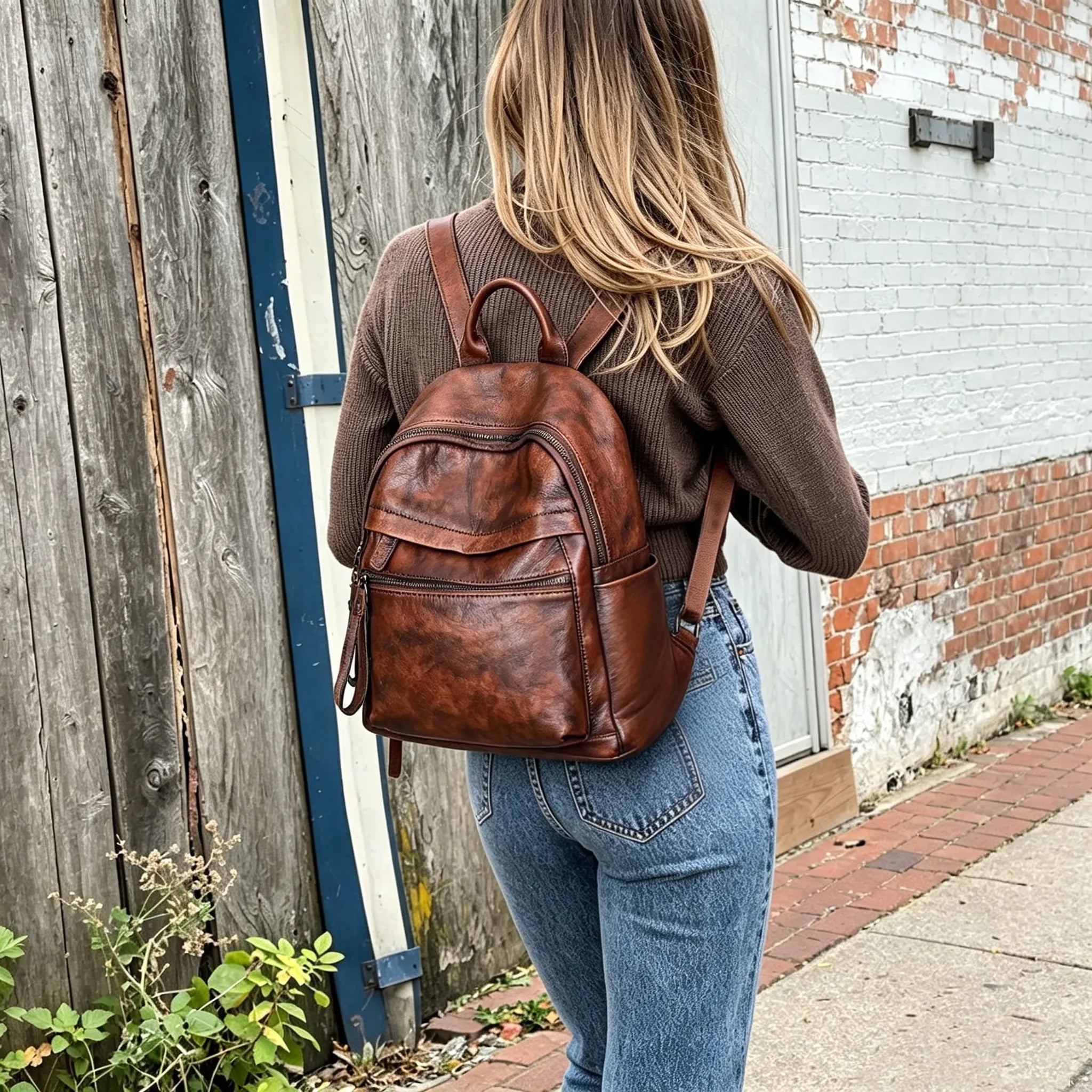Retro Distressed Large School Leather Backpack
