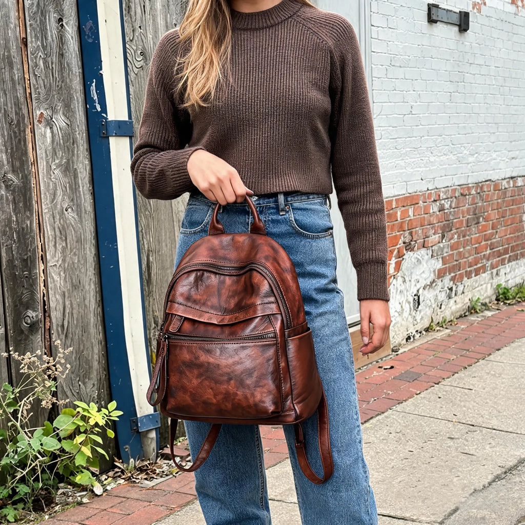 Retro Distressed Large School Leather Backpack