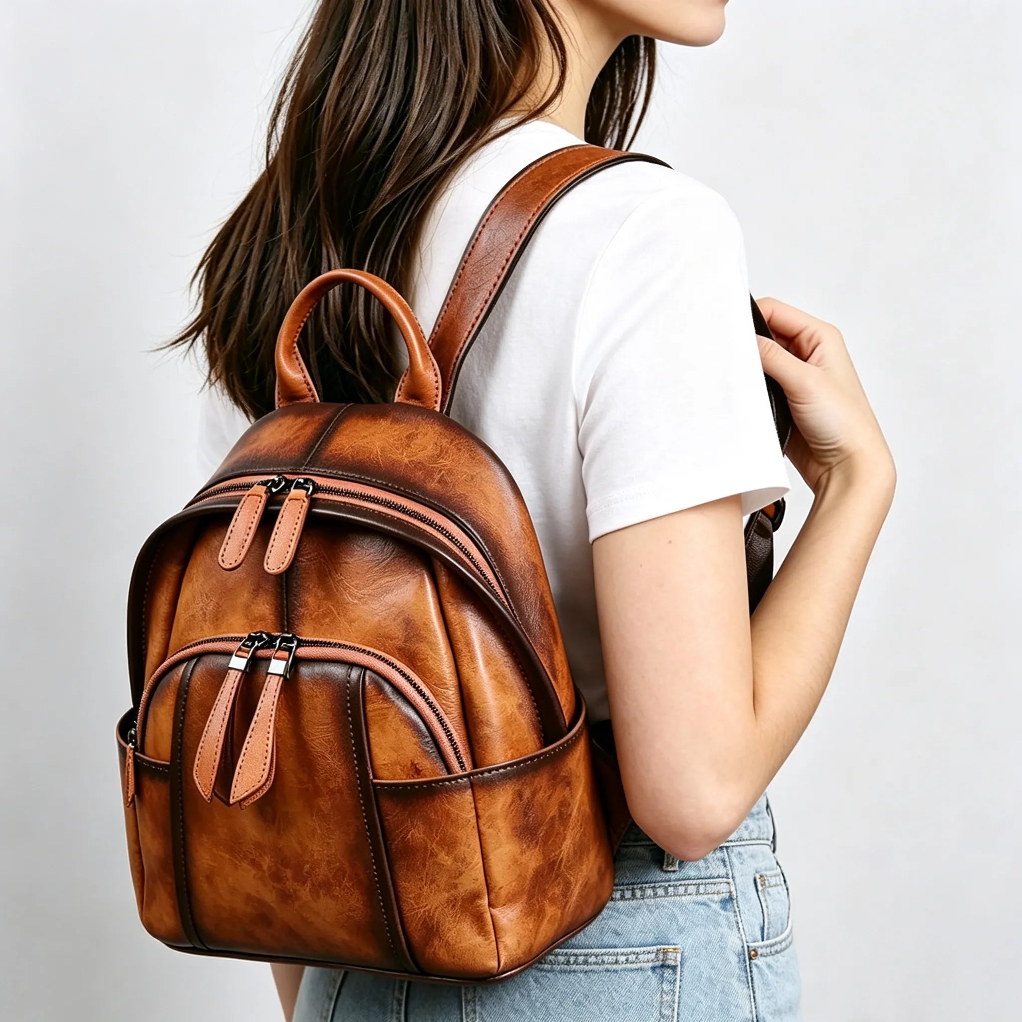 Retro Distressed Top Grain Travel Leather Backpack