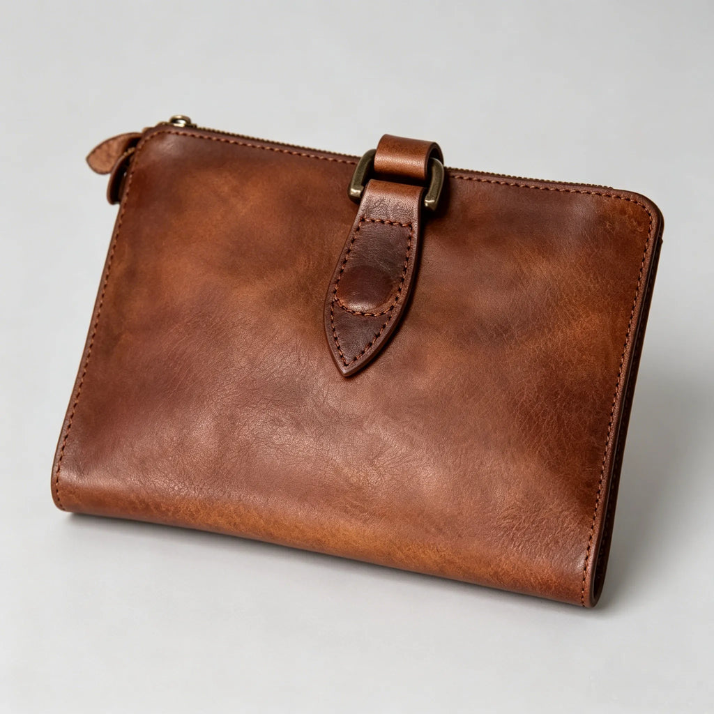 Brown leather clutch bag on a light gray background