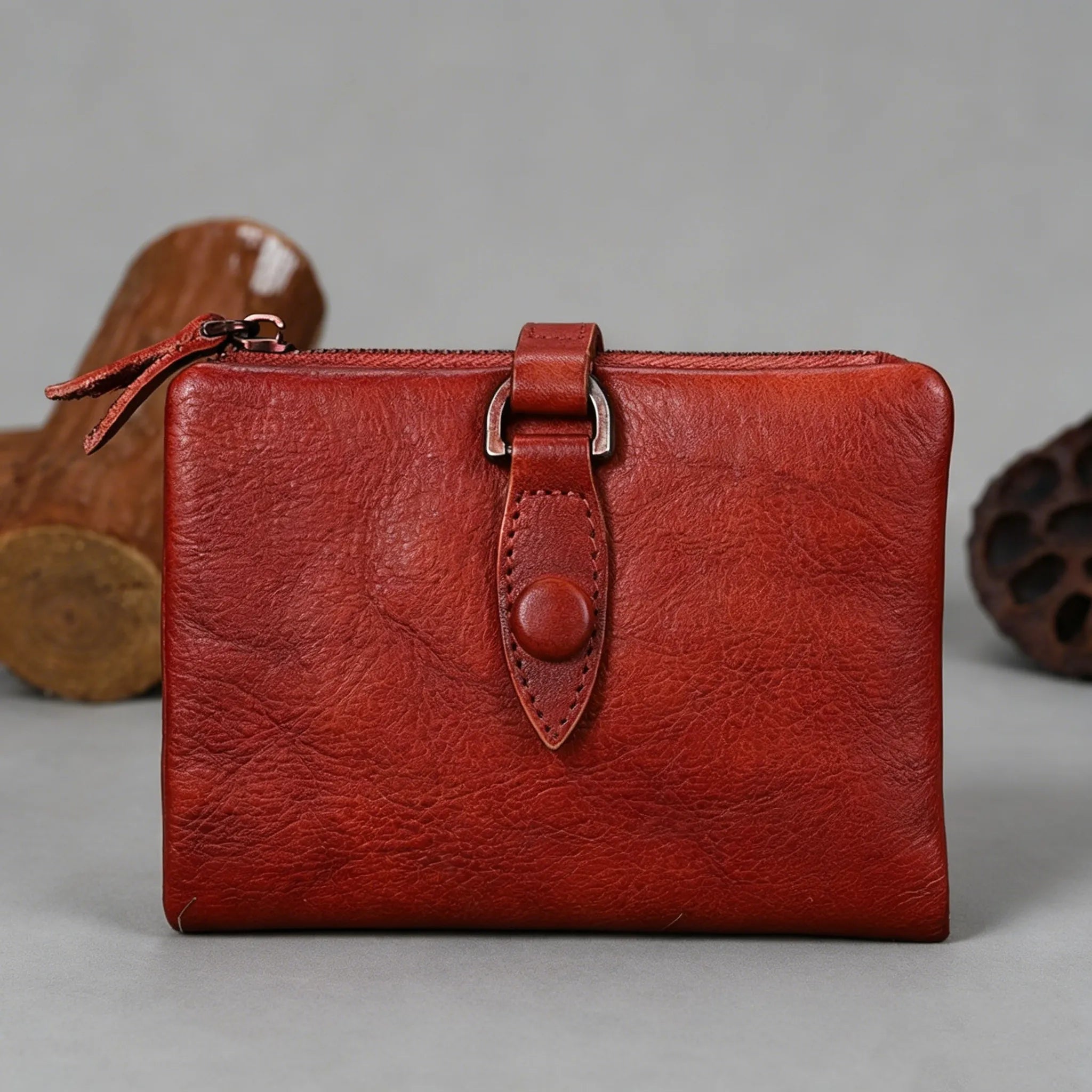 Red leather wallet with strap on a gray background