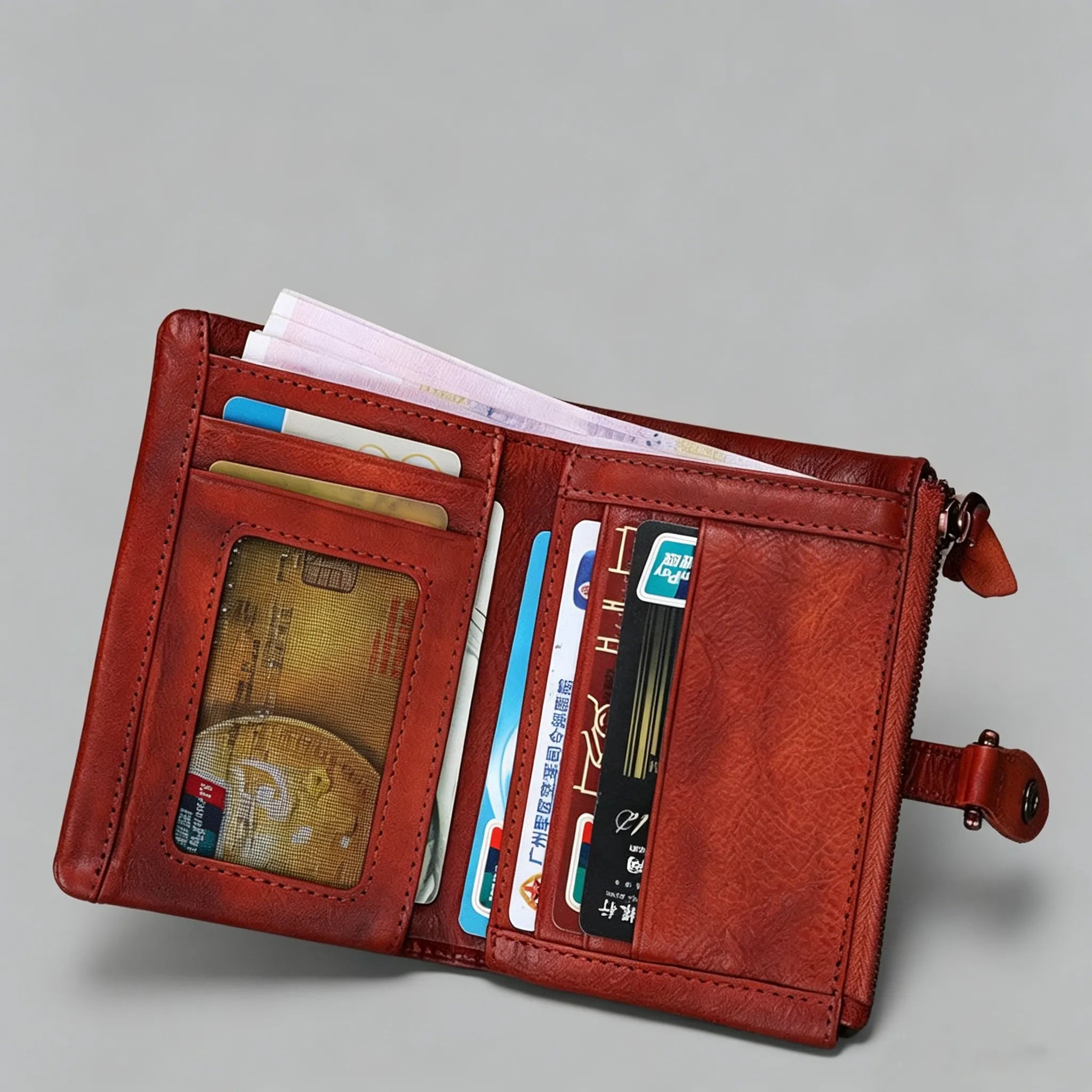 Red wallet with cards and money on a gray background