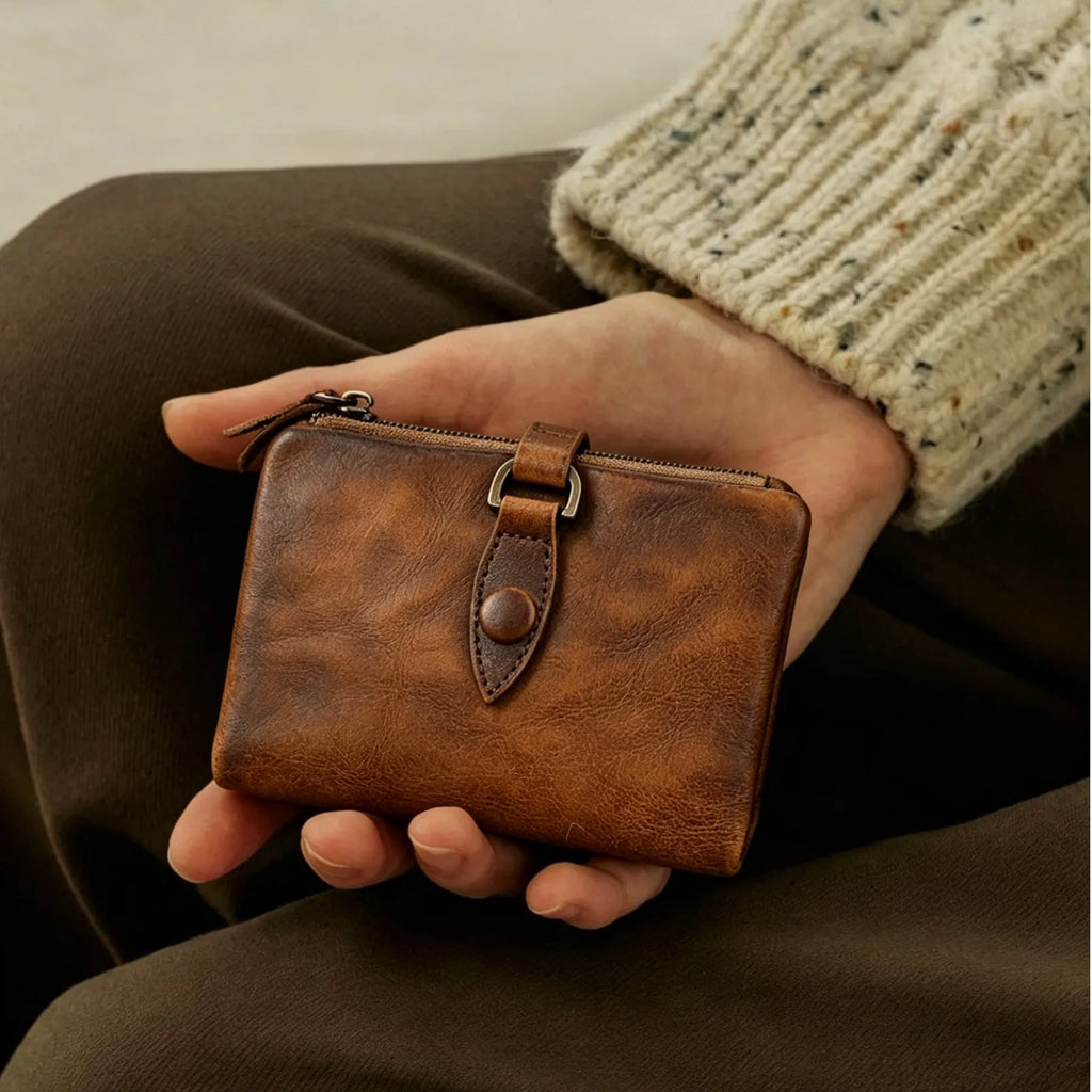 Retro Full-Grain Leather Zipper Wallet with Strap Detail