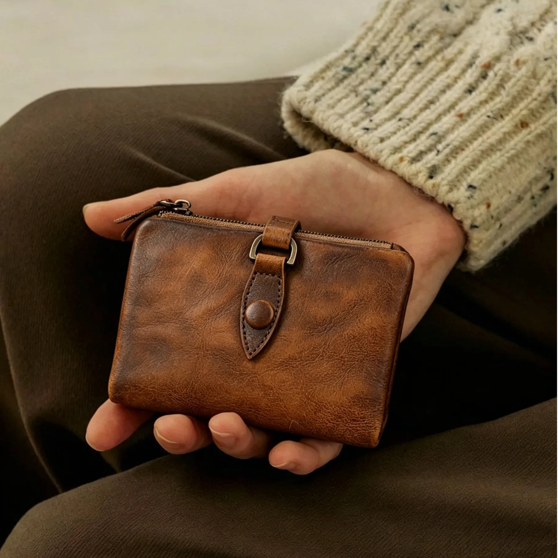 Retro Full-Grain Leather Zipper Wallet with Strap Detail