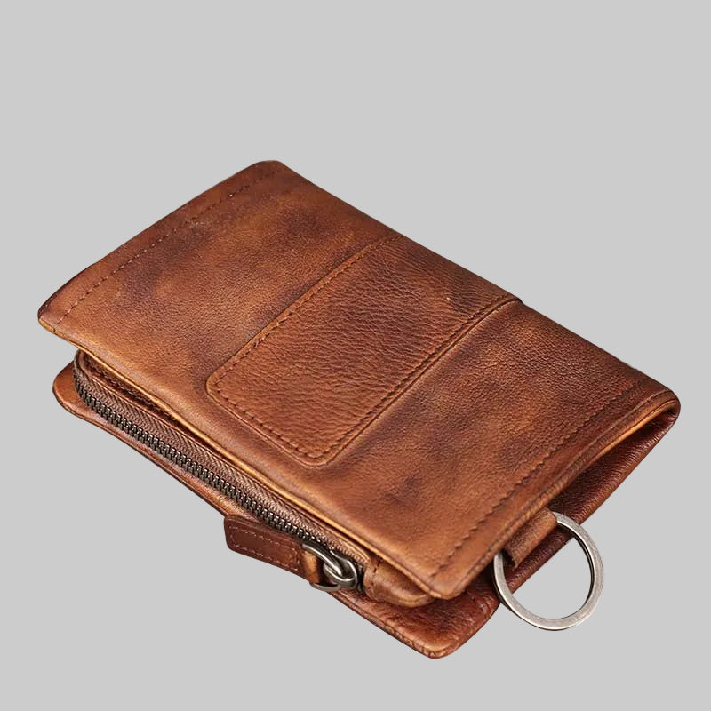 Brown leather wallet with a key ring on a white background