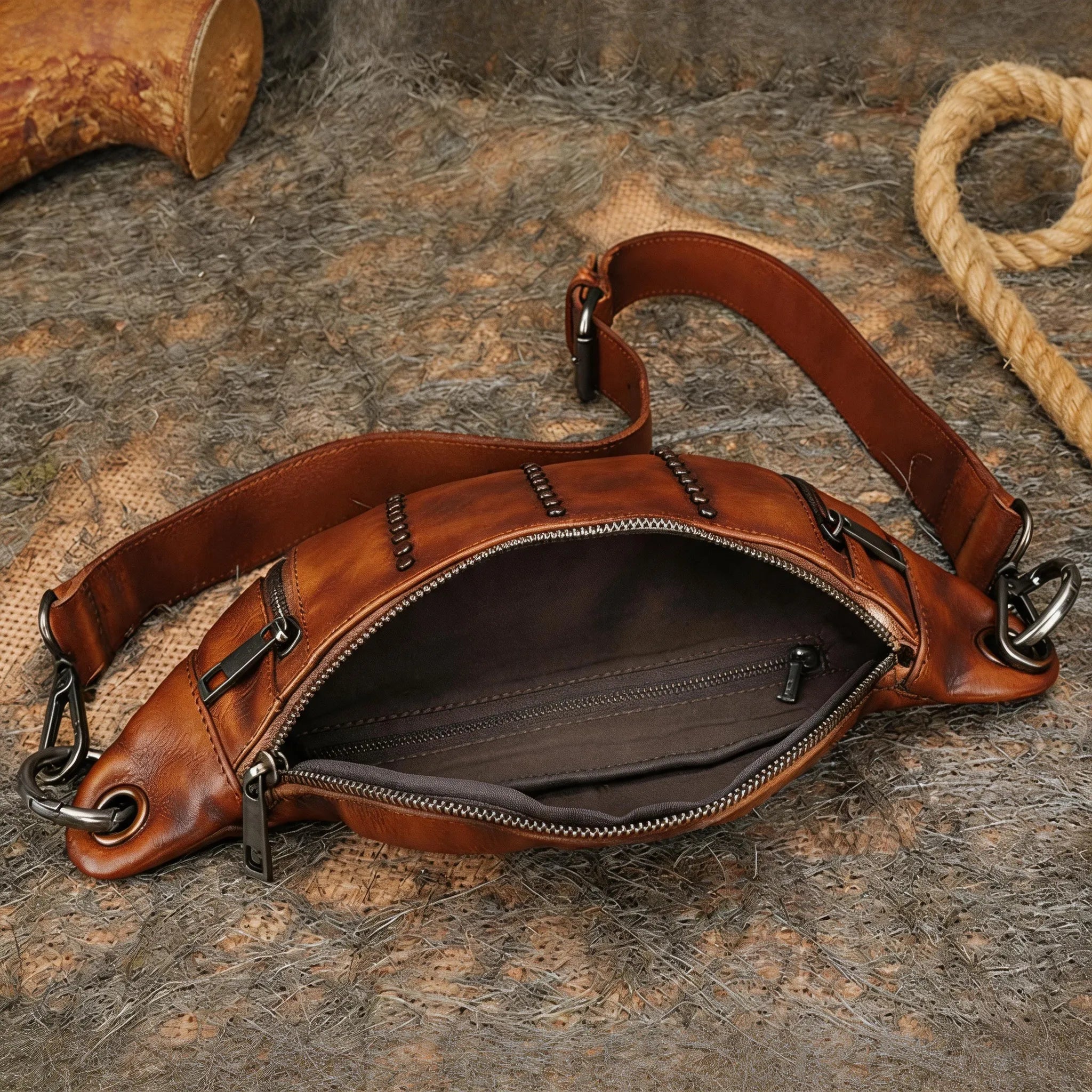 Brown leather waist bag on a textured surface with a rope and wooden object in the background