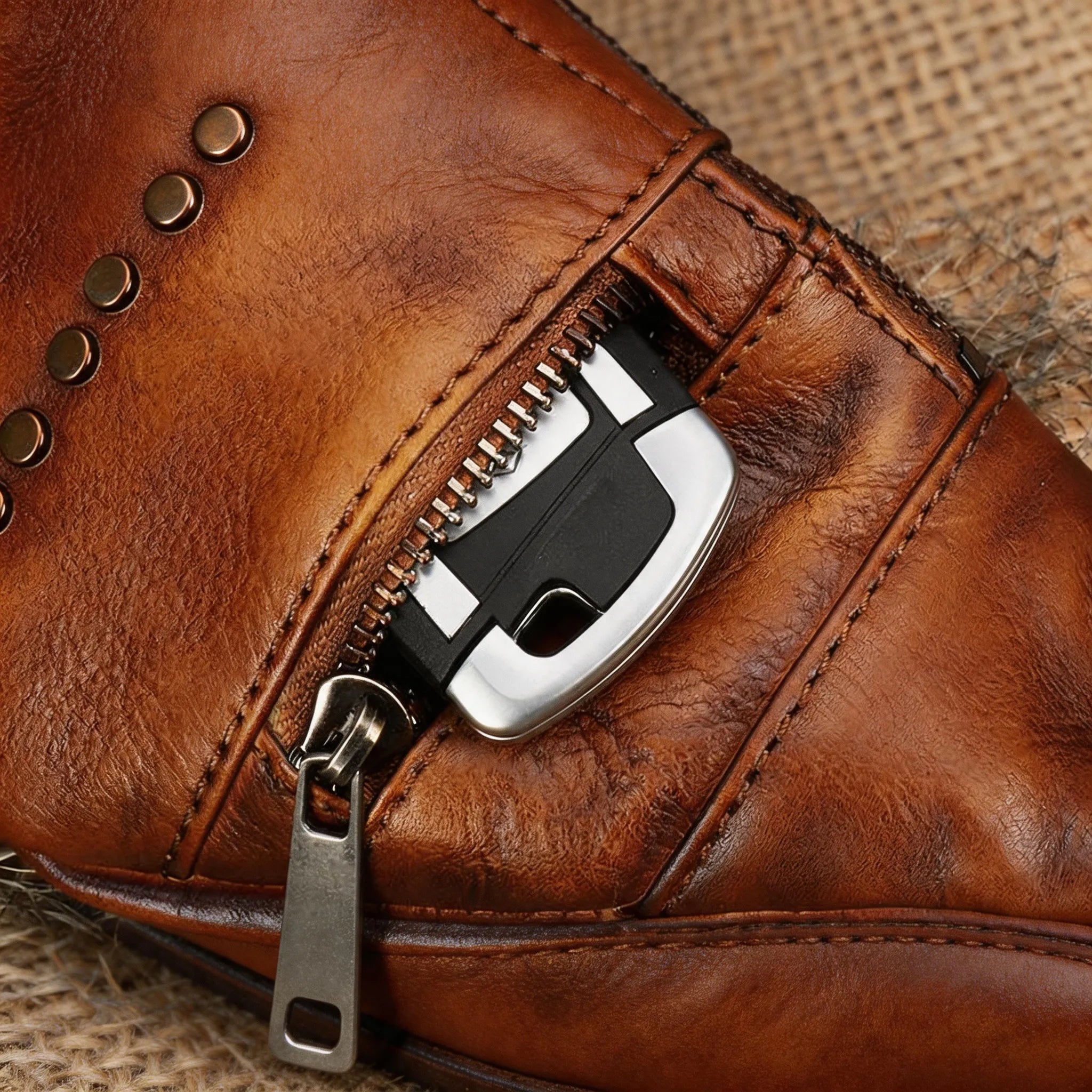 Close-up of a brown leather wallet with a zipper pocket.