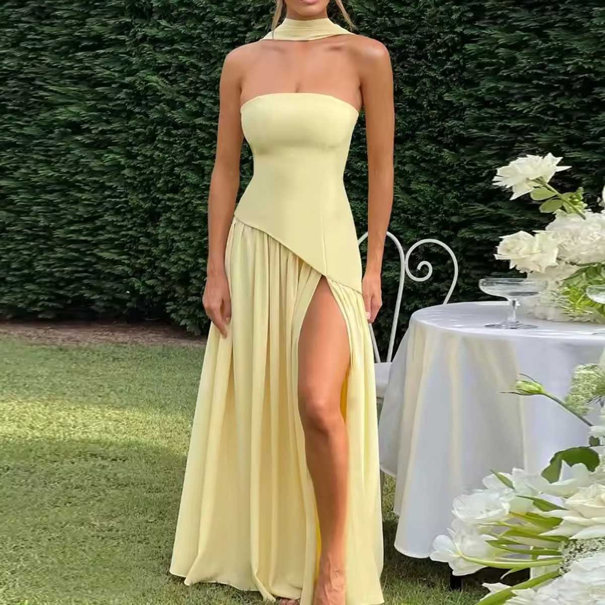 Chic Strapless Patchwork Split Side Maxi Party Dress