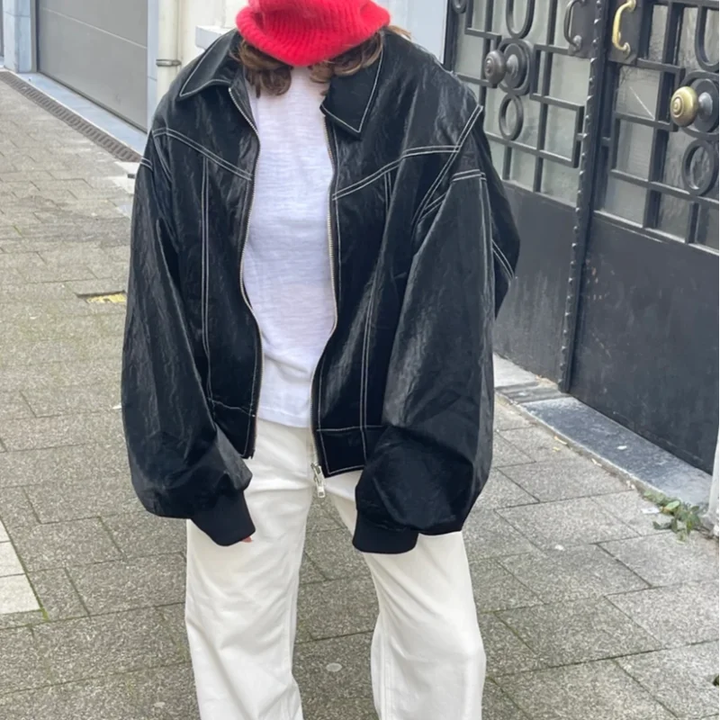 Loose Long Sleeve Zipper Leather Jacket