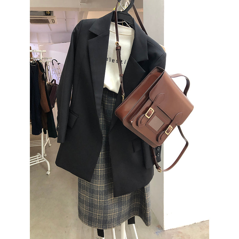 Black Small Ladies Square Leather Flap Backpack Purse Knapsack for Women