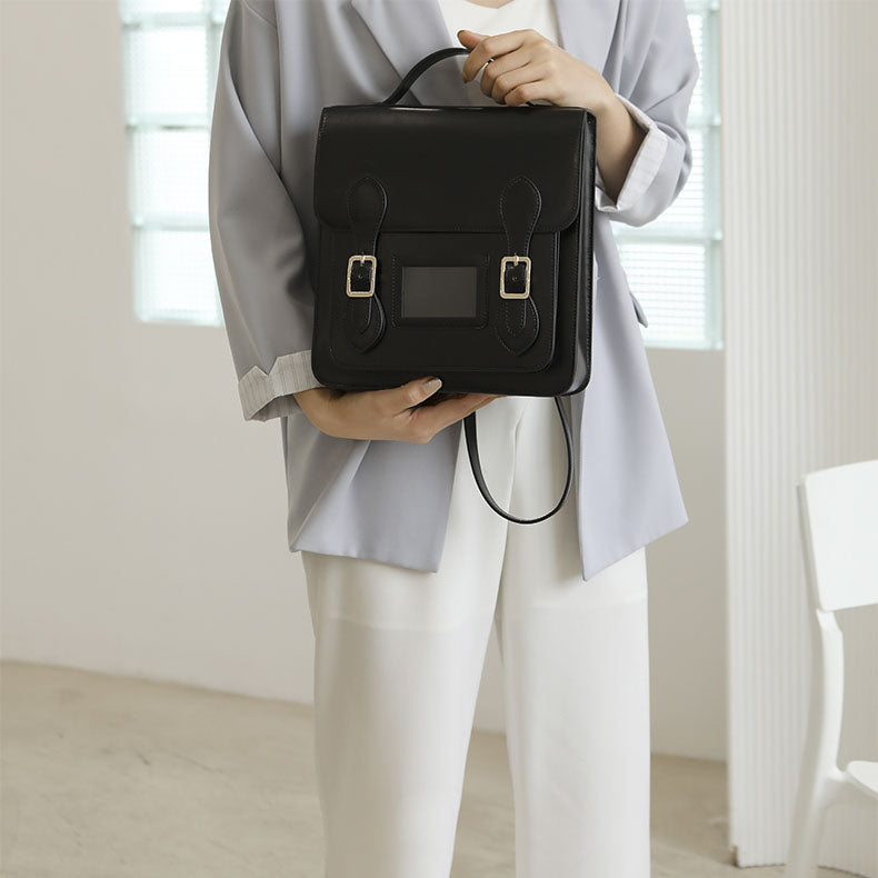 Black Small Ladies Square Leather Flap Backpack Purse Knapsack for Women