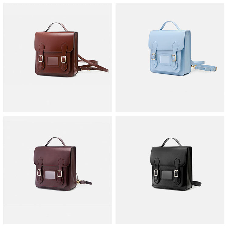 Black Small Ladies Square Leather Flap Backpack Purse Knapsack for Women