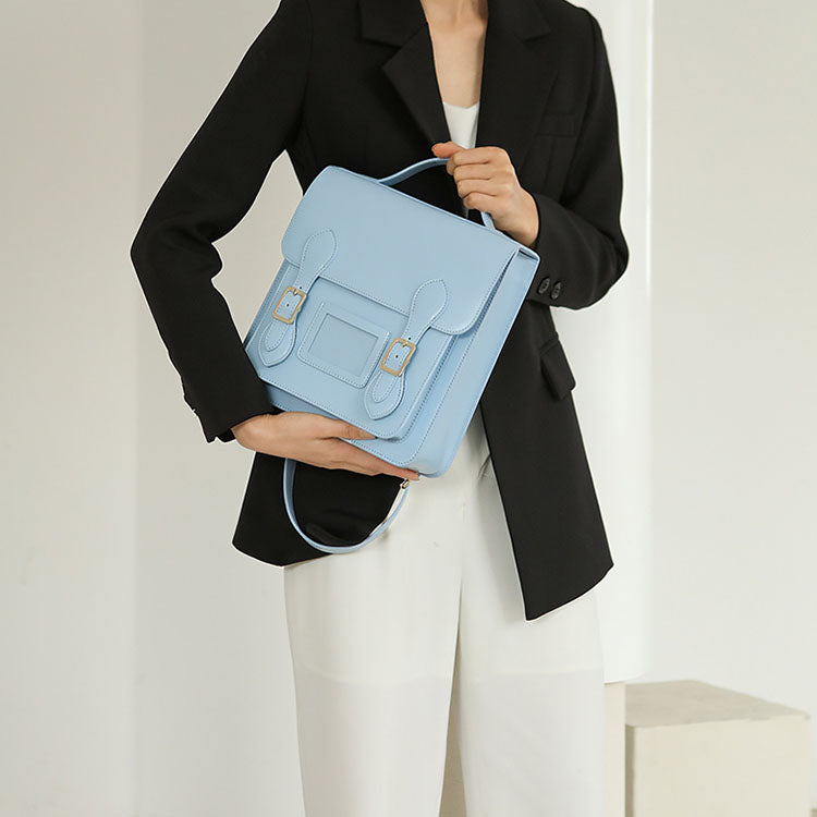 Black Small Ladies Square Leather Flap Backpack Purse Knapsack for Women