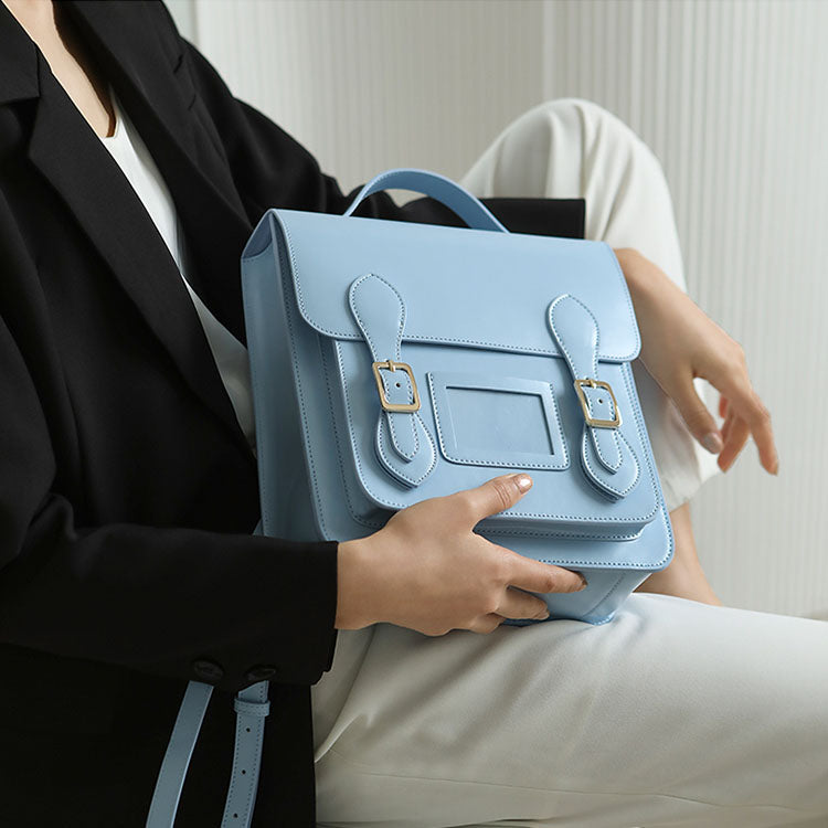 Black Small Ladies Square Leather Flap Backpack Purse Knapsack for Women