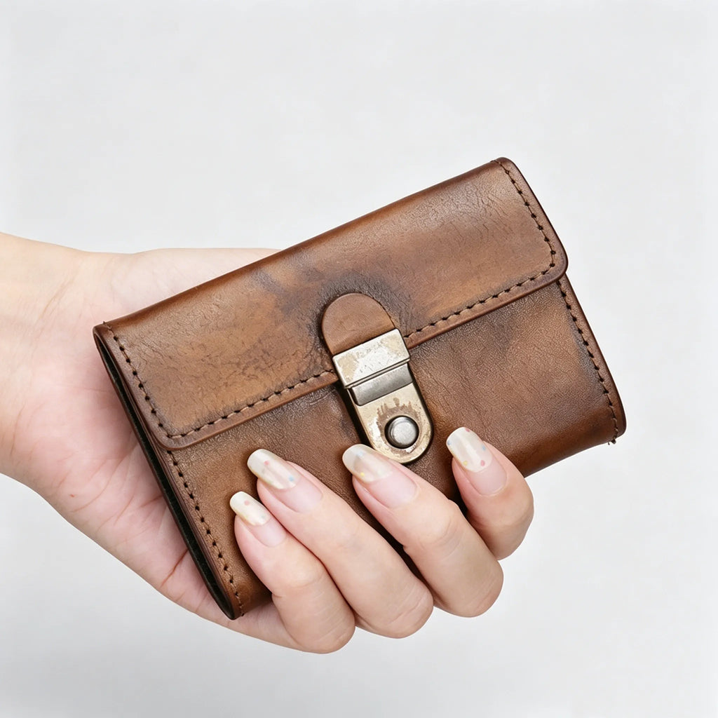 Brown leather wallet with a lock held in a hand against a light gray background