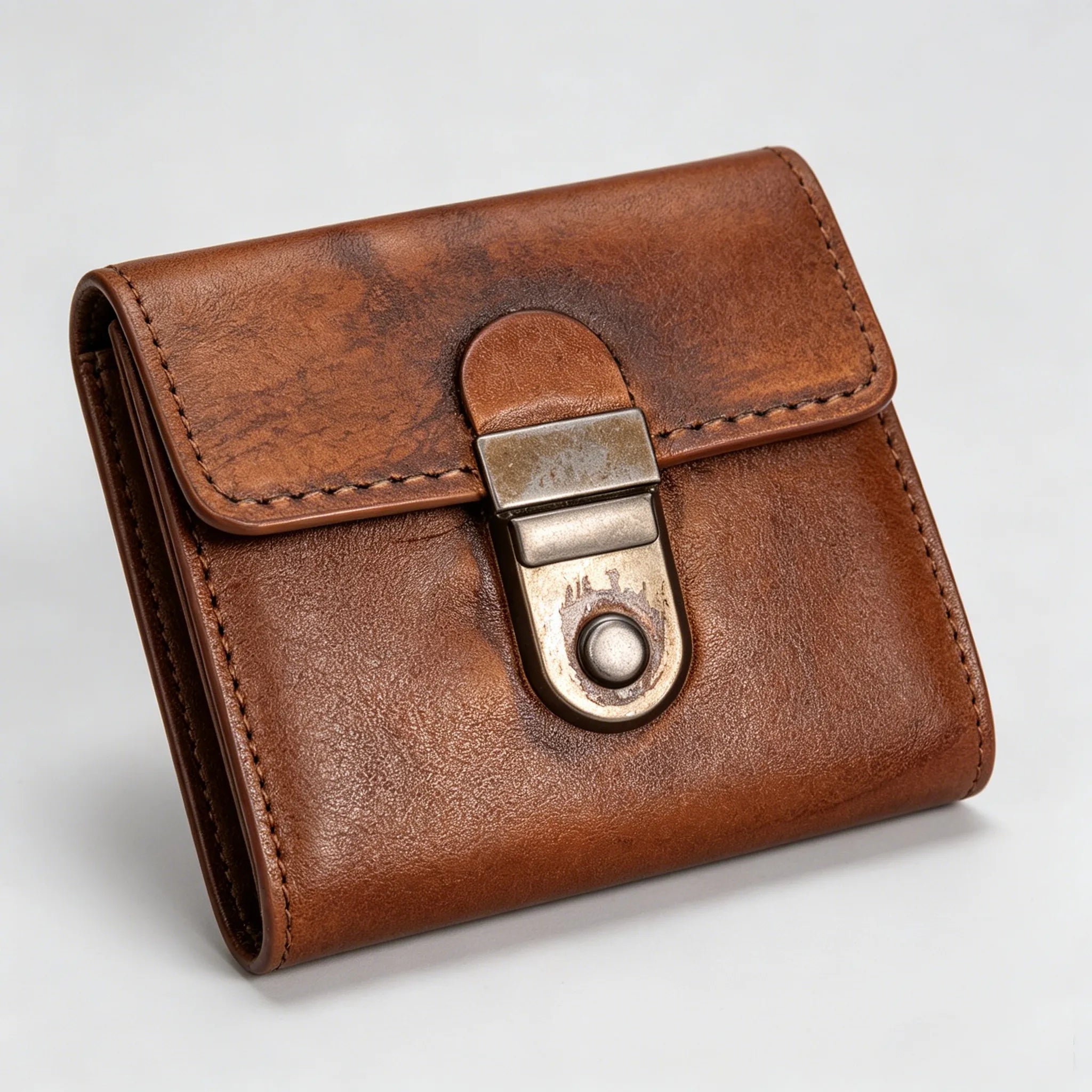 Brown leather wallet with a metal clasp on a light gray background