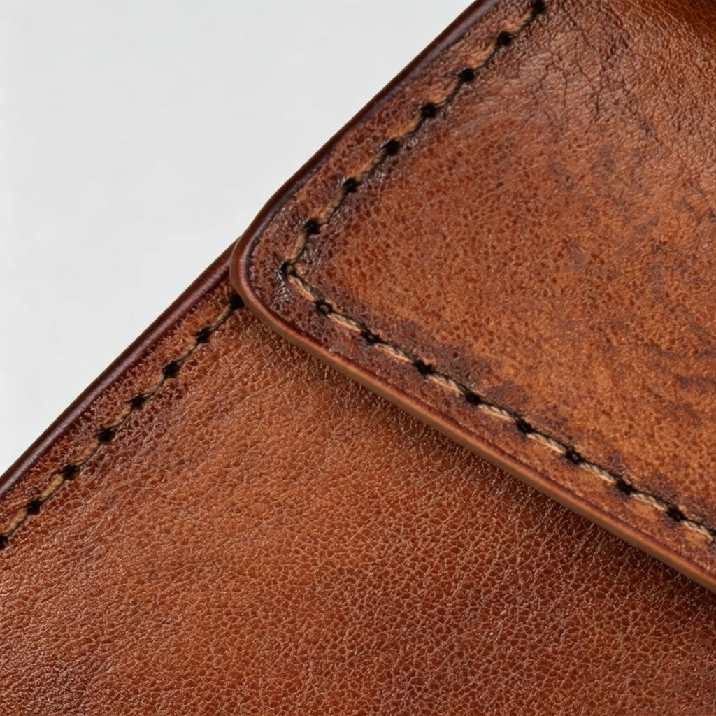 Close-up of a brown leather wallet with visible stitching on a light gray background