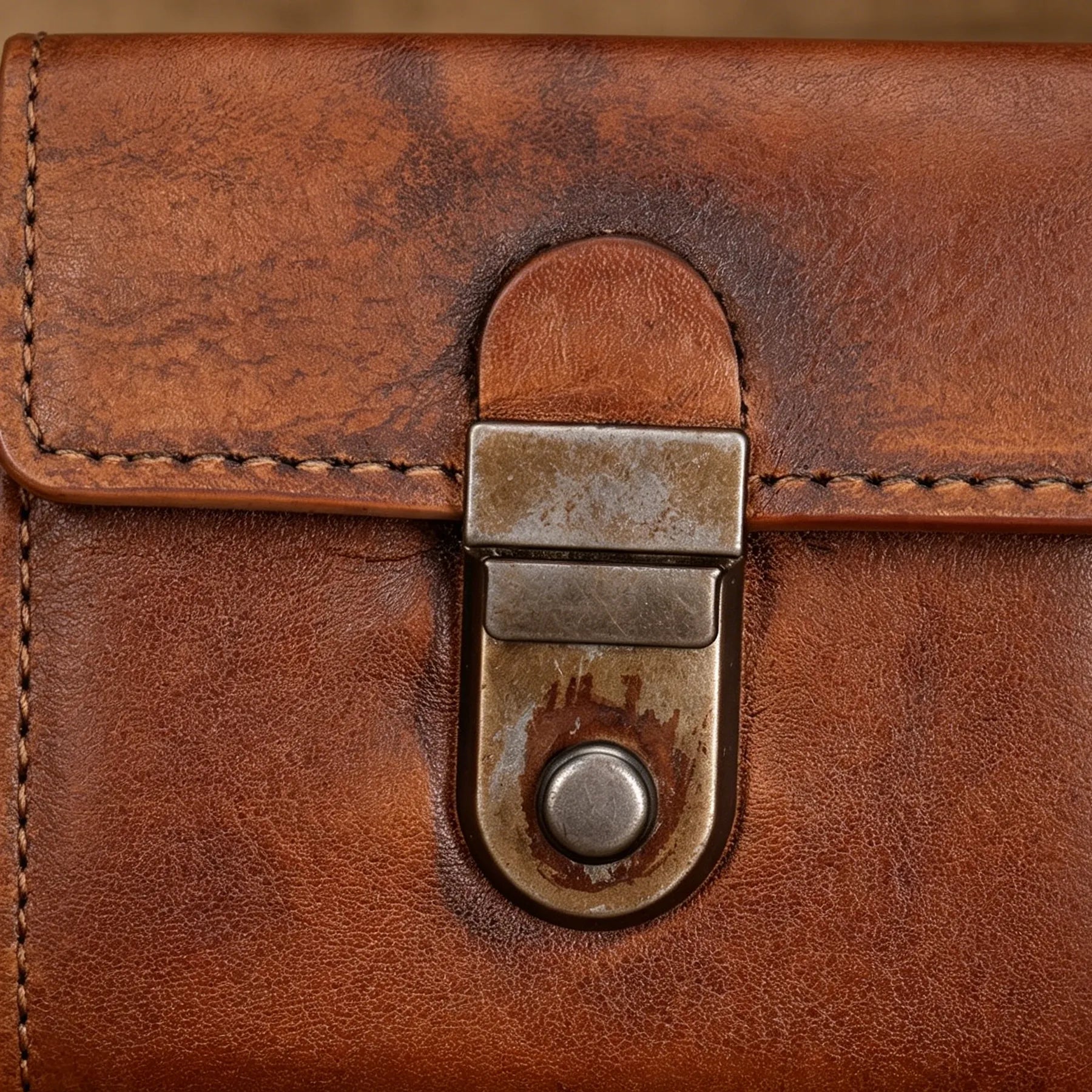 Close-up of a brown leather wallet with a metal buckle.