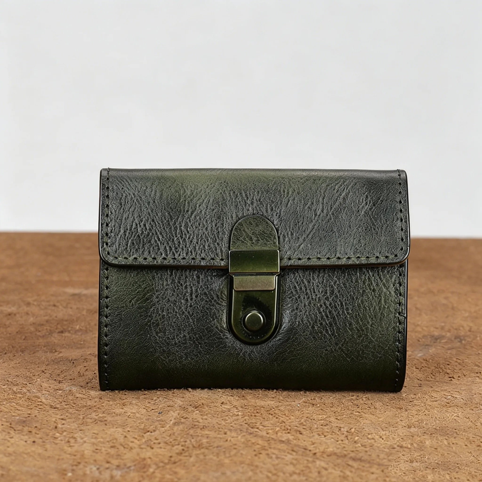 Green leather wallet with a buckle on a wooden surface