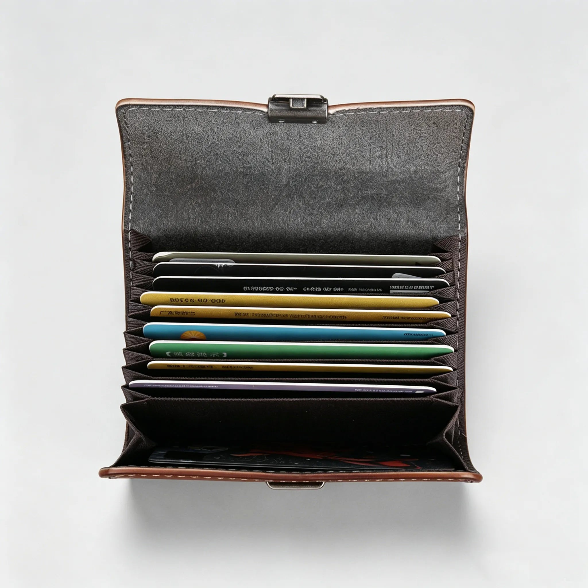 Open wallet with card slots on a white background