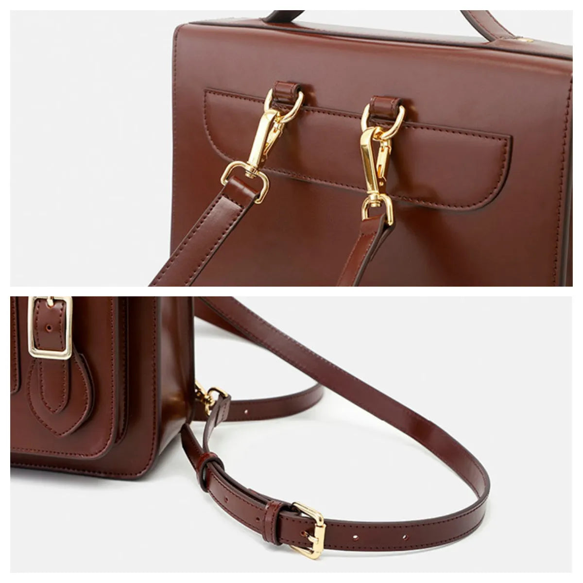 Brown leather handbag with gold hardware on a white background