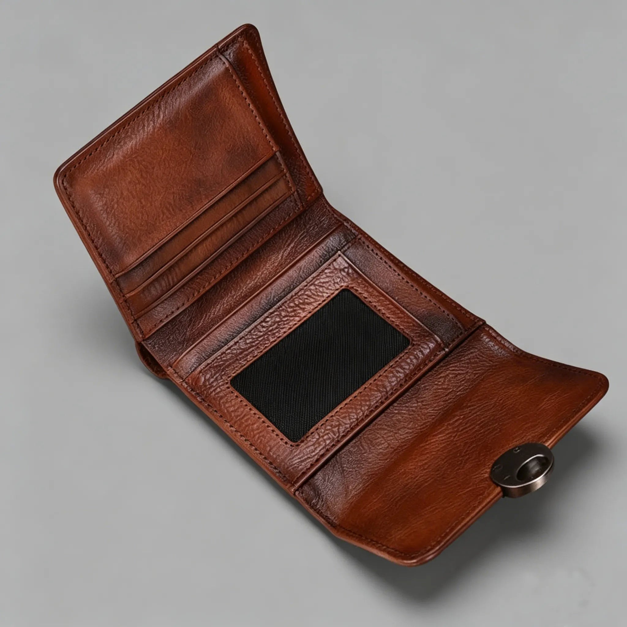 Brown leather wallet on a gray background