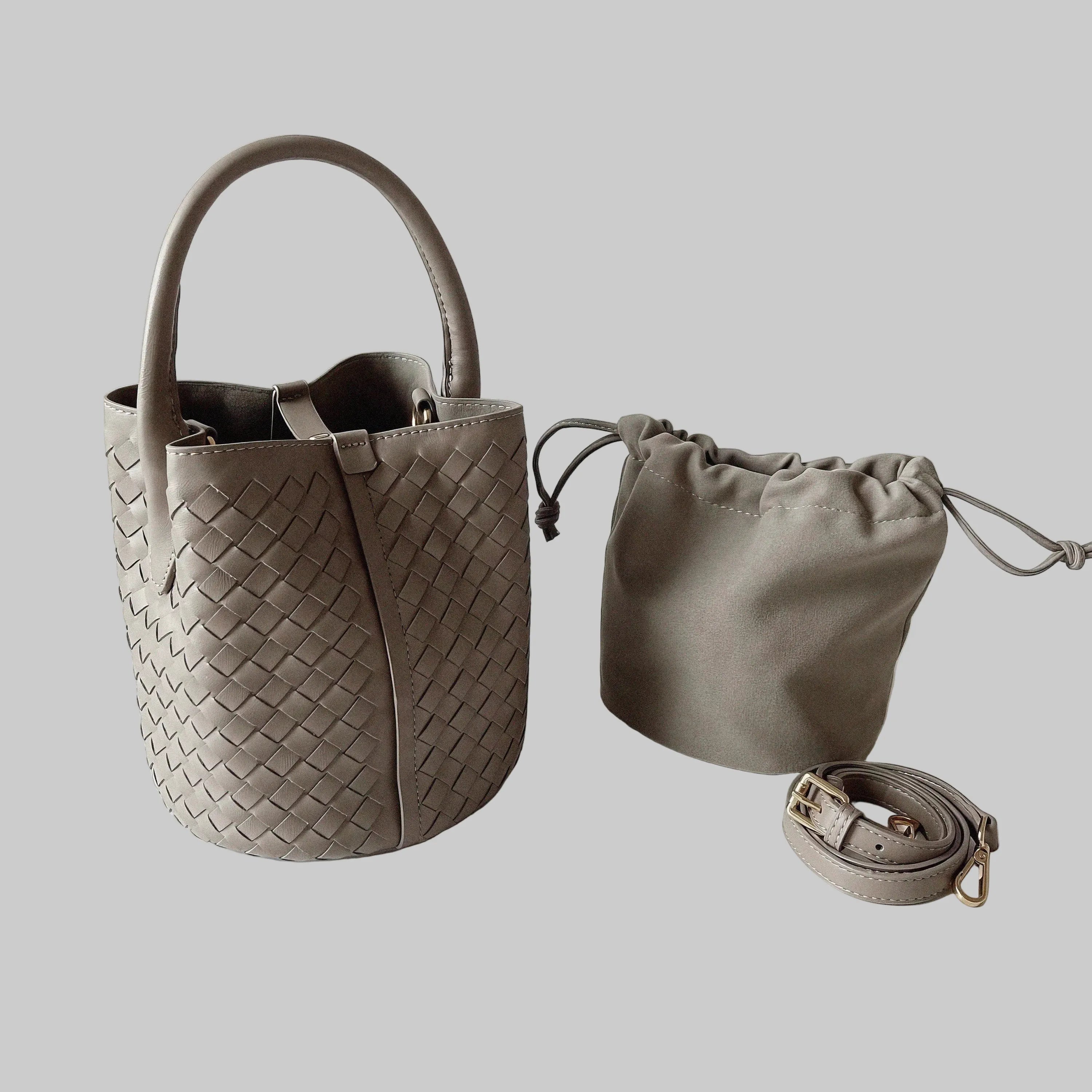 Small Woven Leather Bucket Bag