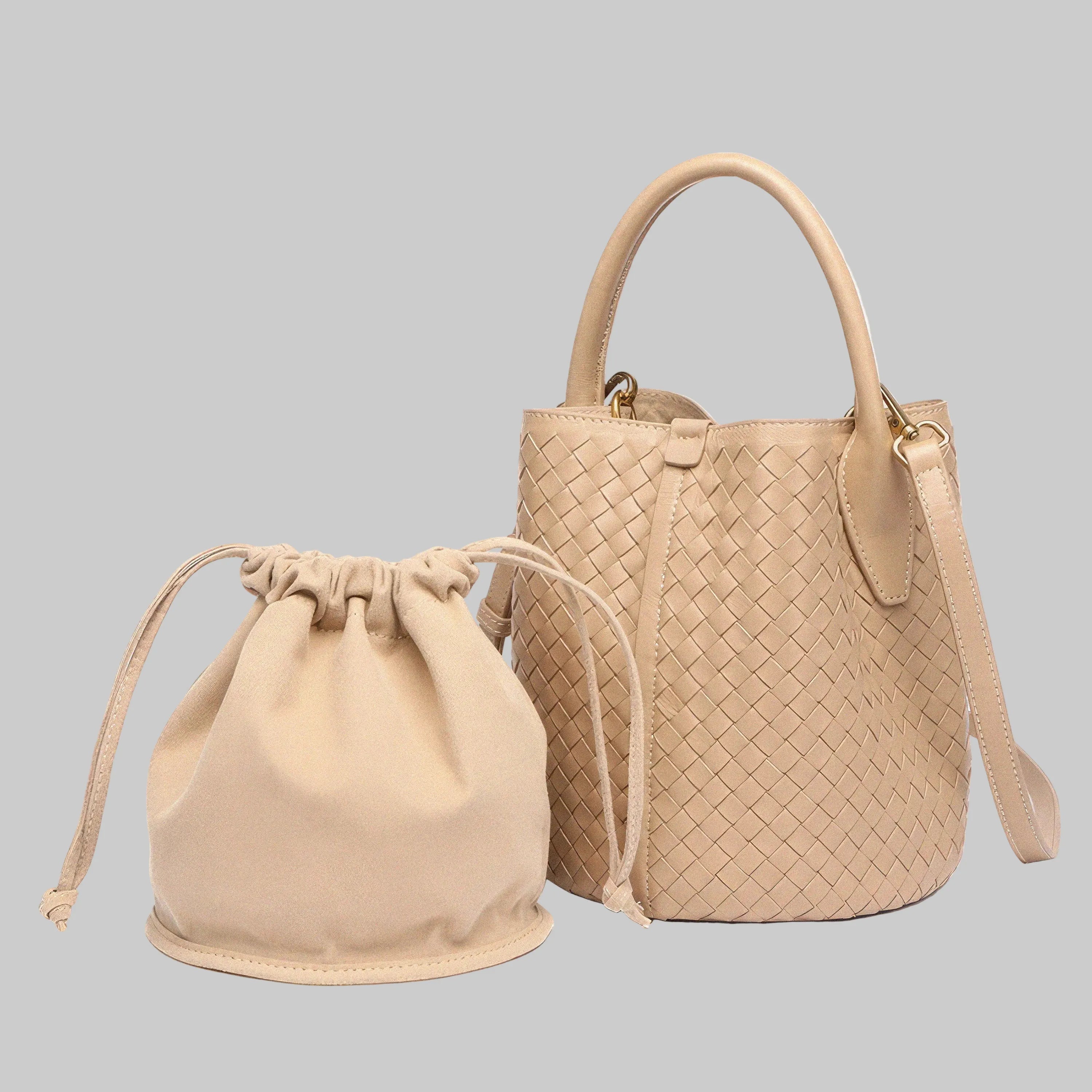 Small Woven Leather Bucket Bag