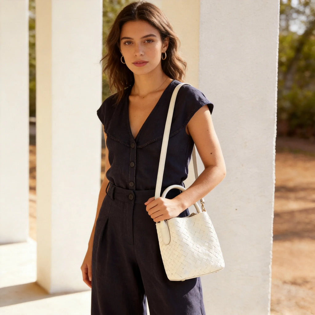 Small Woven Leather Bucket Bag