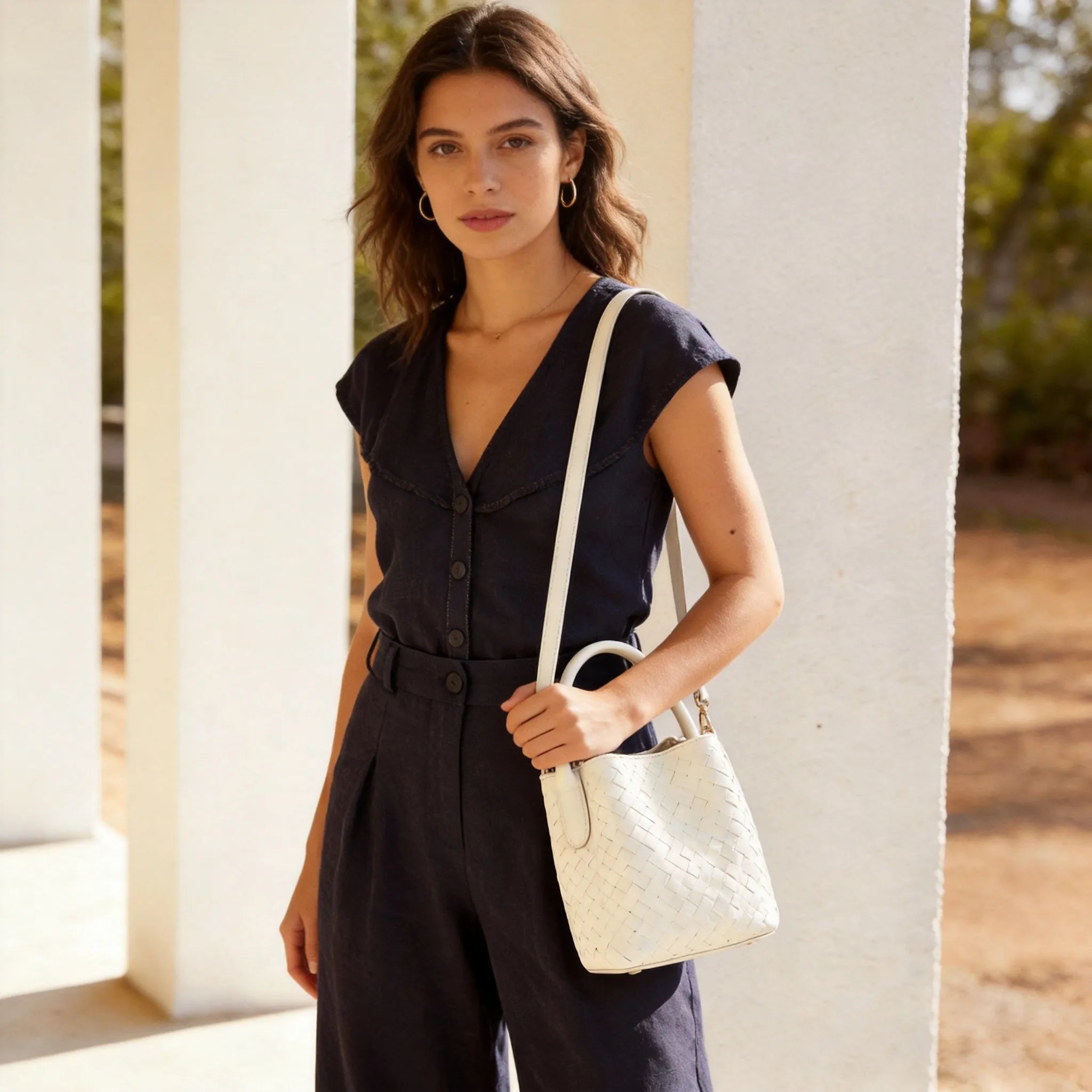 Small Woven Leather Bucket Bag