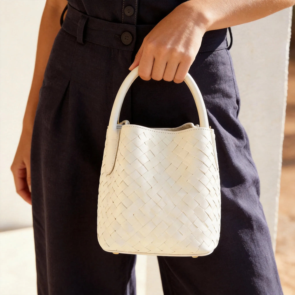 Small Woven Leather Bucket Bag