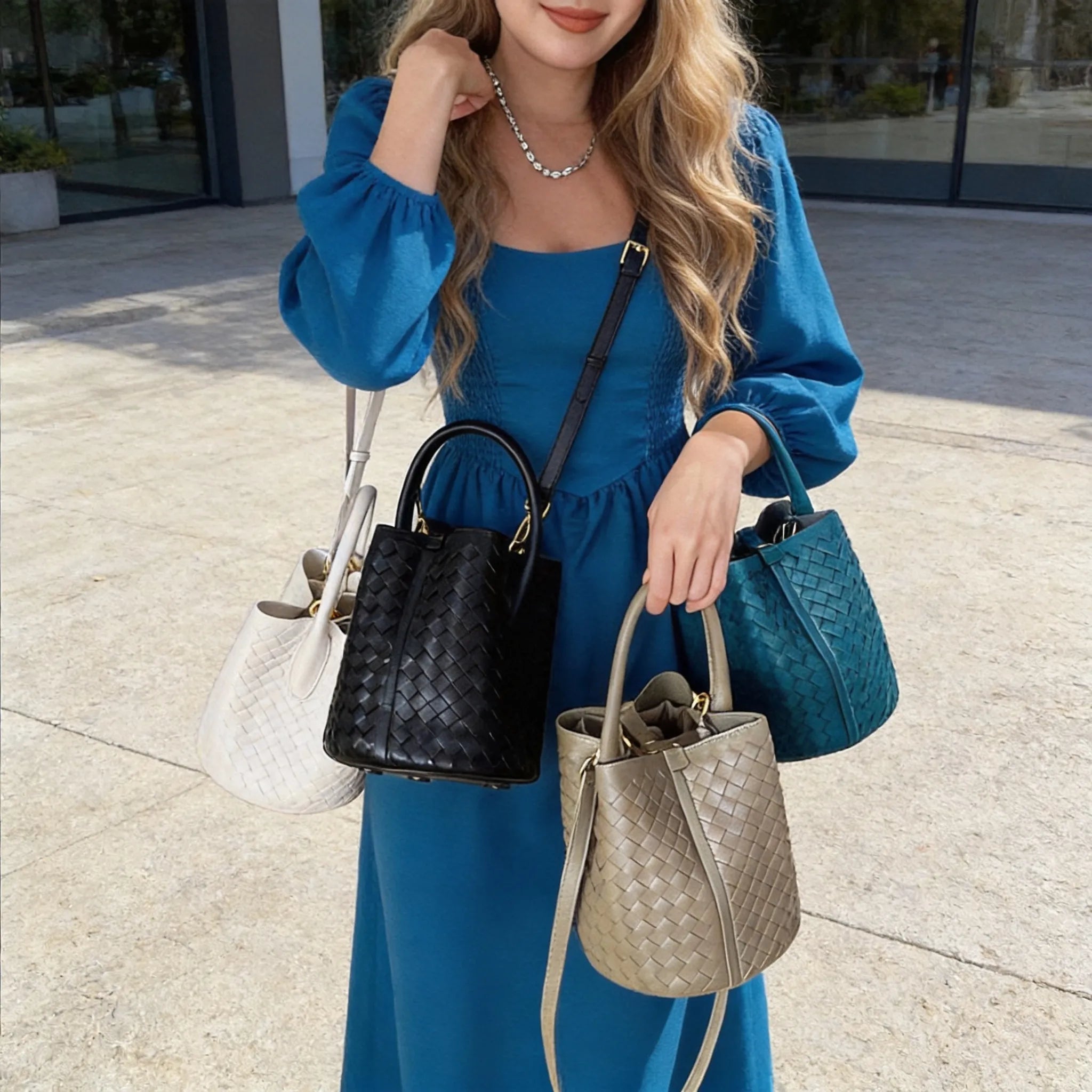 Small Woven Leather Bucket Bag