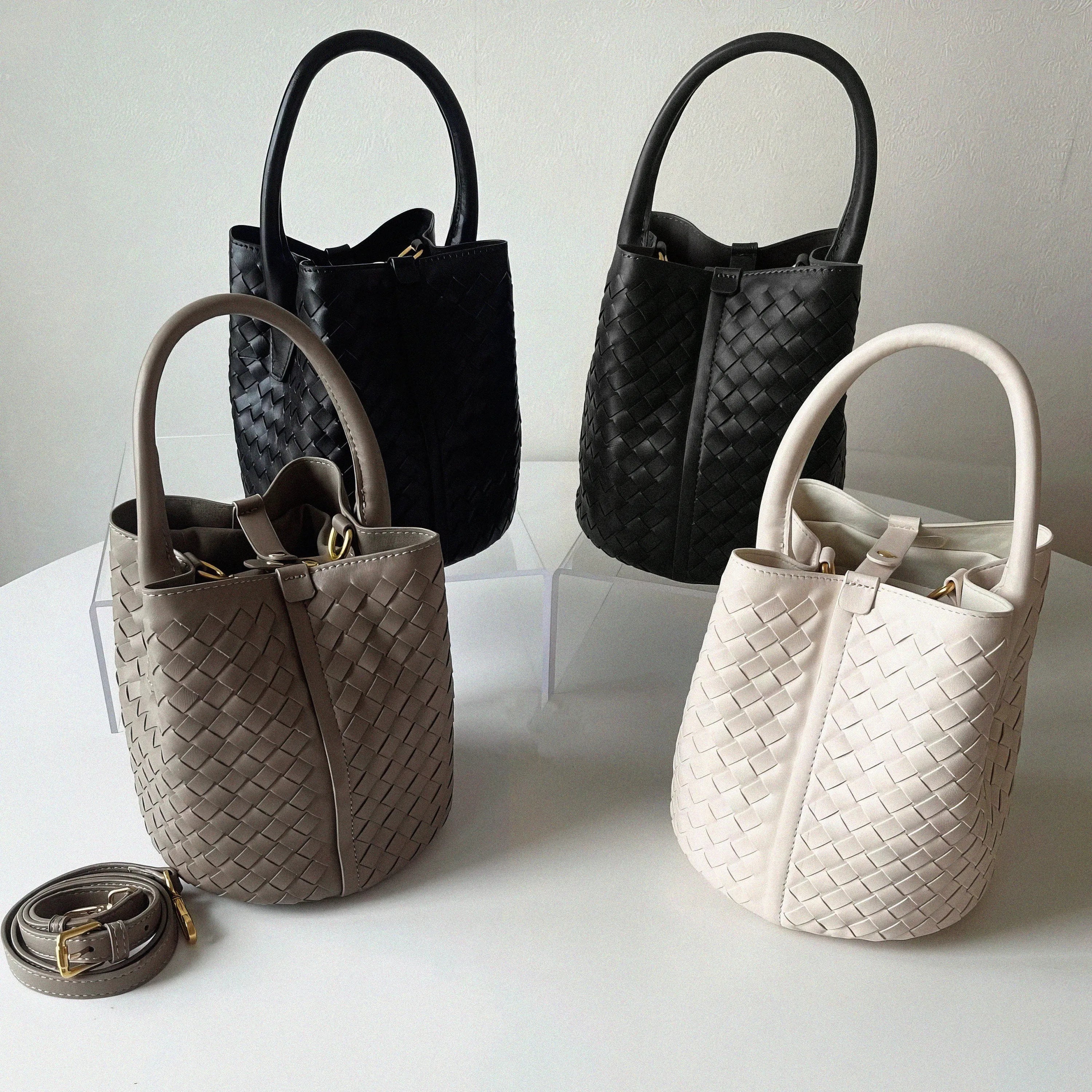 Small Woven Leather Bucket Bag