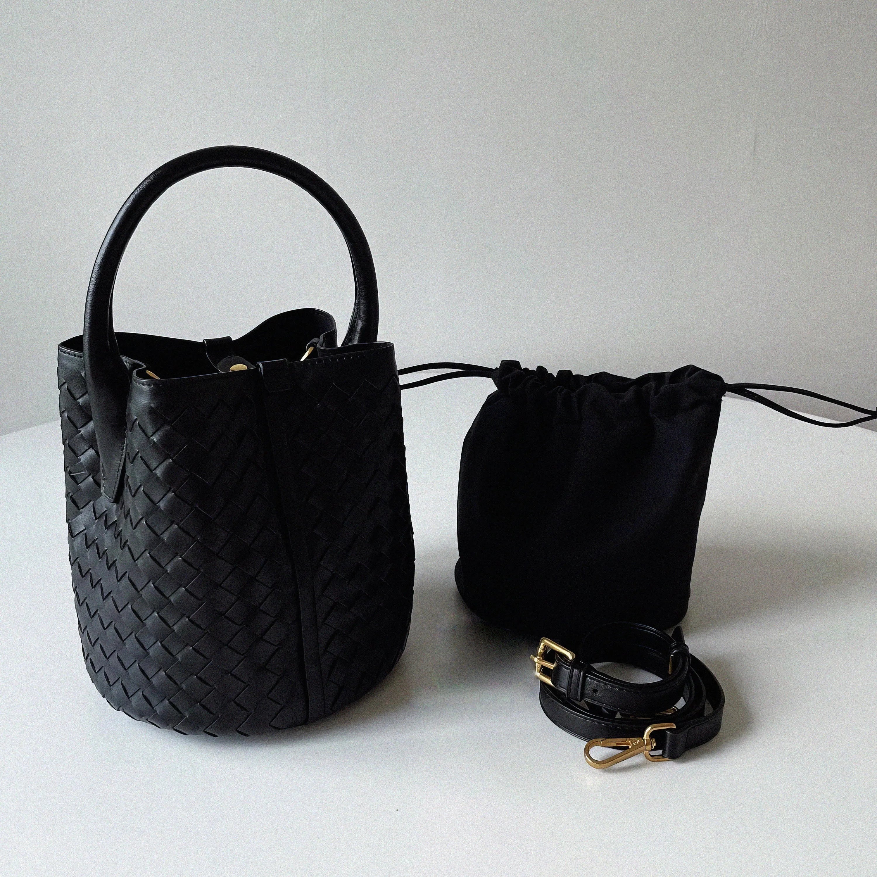 Small Woven Leather Bucket Bag