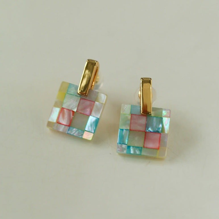 Square Checkerboard Geometric Pearl Mosaic Stud Earrings