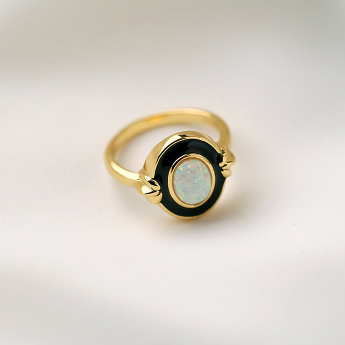 Vintage-Inspired Opal Ring with Black Enamel & Gold Tone