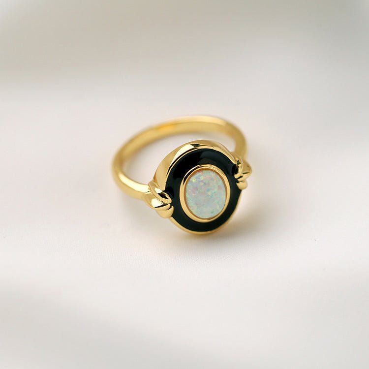 Vintage-Inspired Opal Ring with Black Enamel & Gold Tone