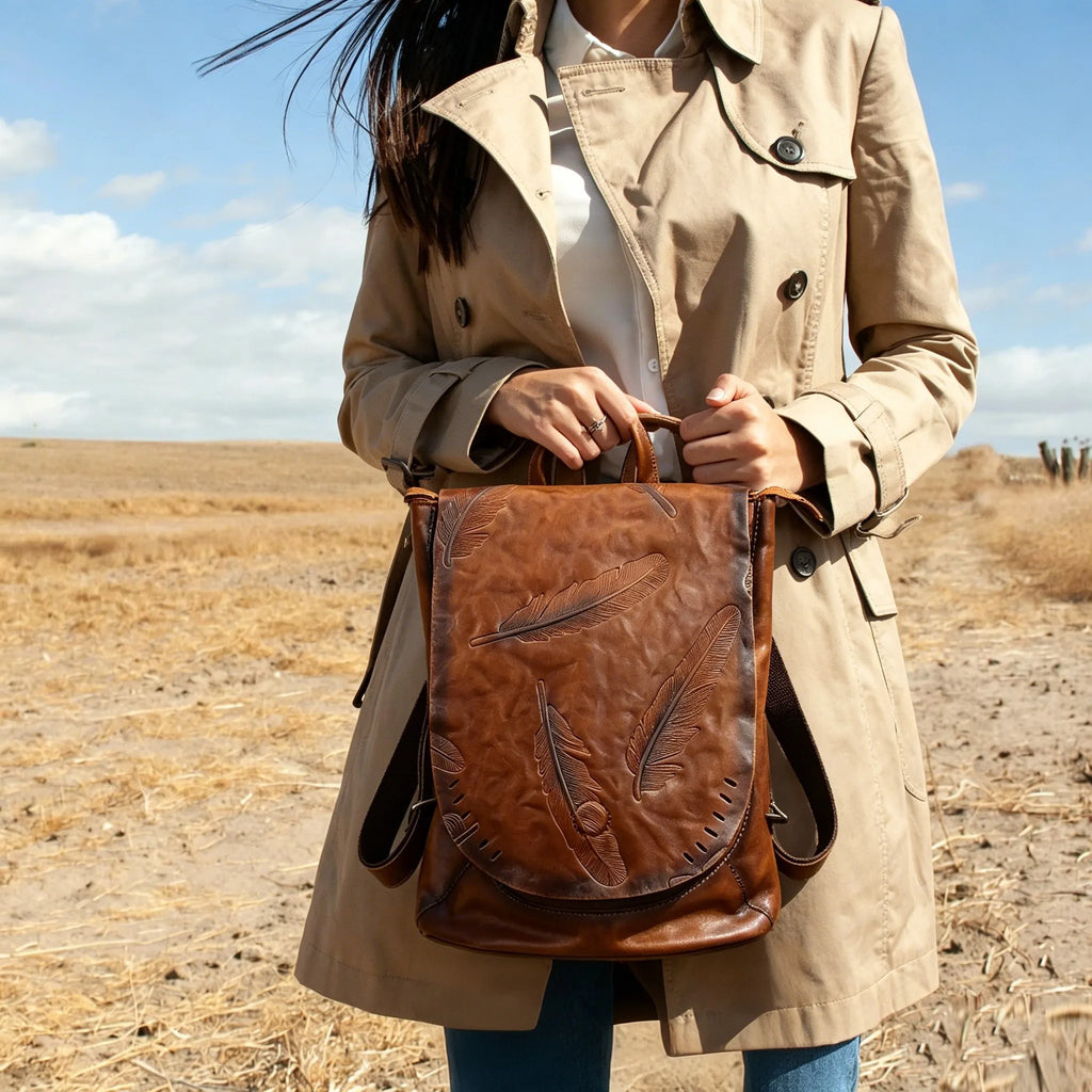 Vintage Embossed Feather Top Grain Leather Backpack
