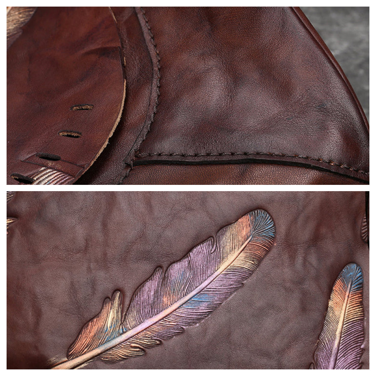 Vintage Embossed Feather Top Grain Leather Backpack
