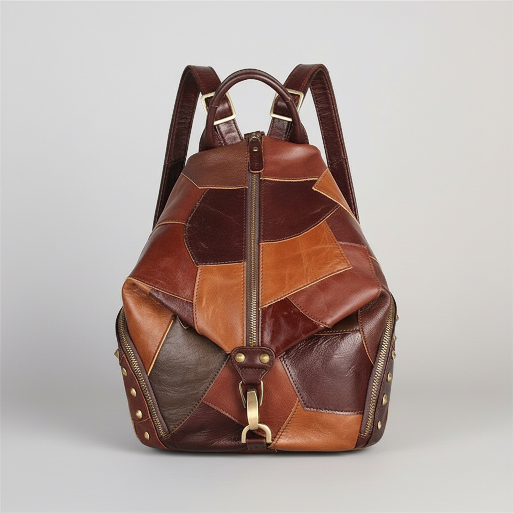 Brown leather patchwork backpack on a light gray background