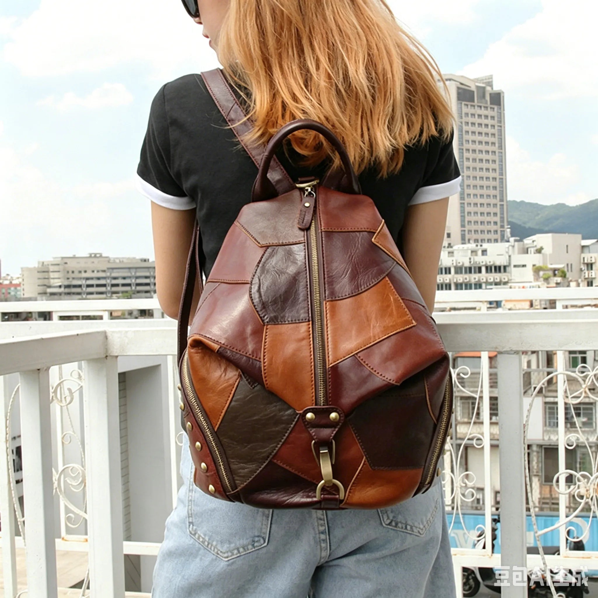 Person wearing a brown leather backpack with a cityscape in the background