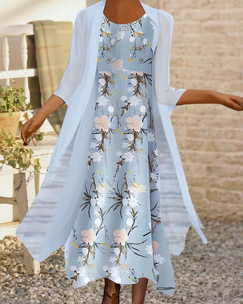 Blue Floral Midi Two Piece Dress