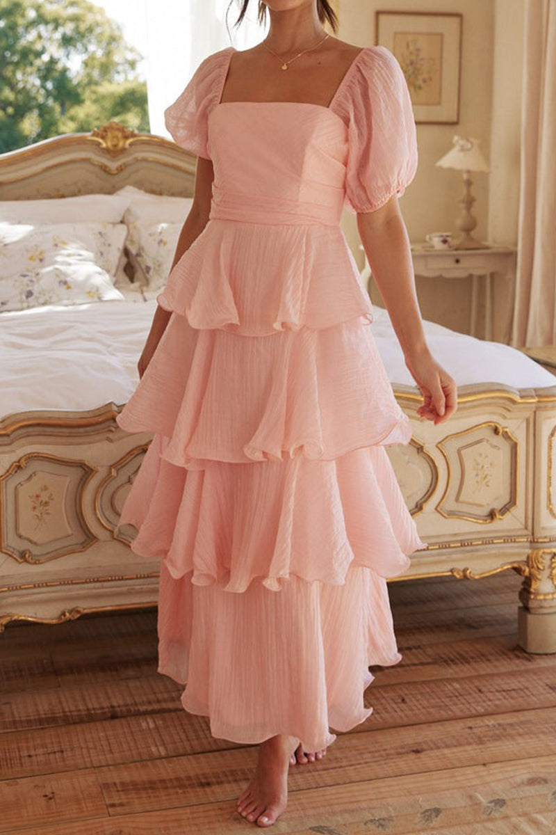 Classic Flounce Square Neck Tiered Midi Dress