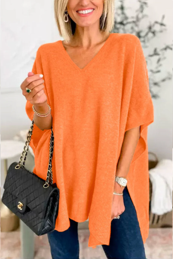 Classic V Neck Loose Fit Solid Poncho Sweater