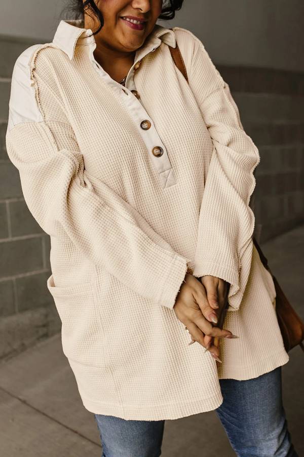 Casual Waffle Patchwork Drop Sleeve Henley Sweatshirt Top