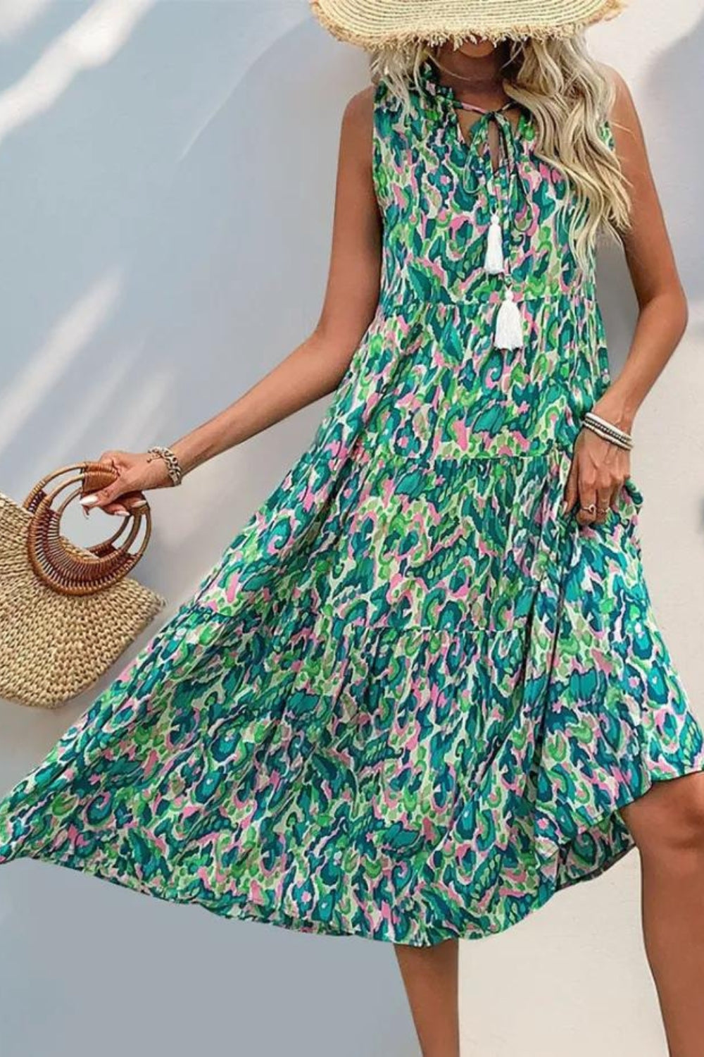 Bohemian Casual Sleeveless Printed Tiered Tassel Midi Dress