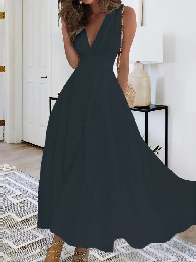 Elegant V Neck Sleeveless Midi Dress