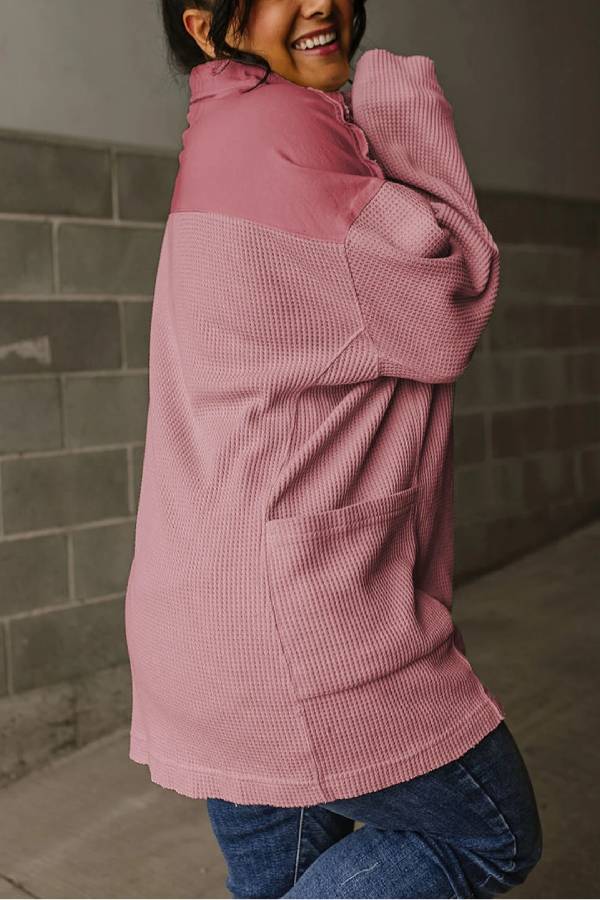 Casual Waffle Patchwork Drop Sleeve Henley Sweatshirt Top