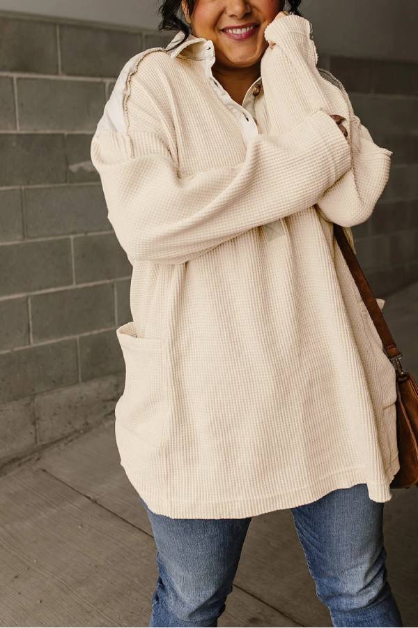 Casual Waffle Patchwork Drop Sleeve Henley Sweatshirt Top